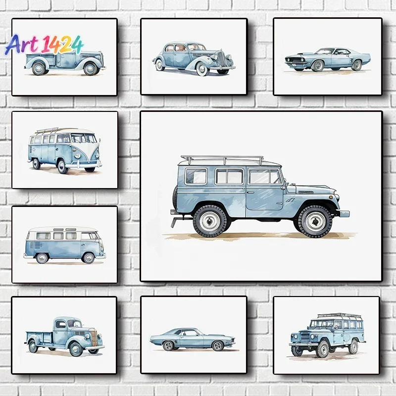 1pc frameless canvas Classic Light Blue Car Vehicle  Art Retro Posters Prints  Wall Art Picture Living Room Home