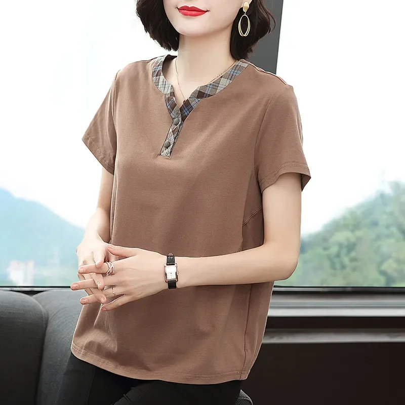 Women's T-shirt Short-sleeved Printed Noble Middle-aged Elderly Mother's Pure Cotton V-neck Top