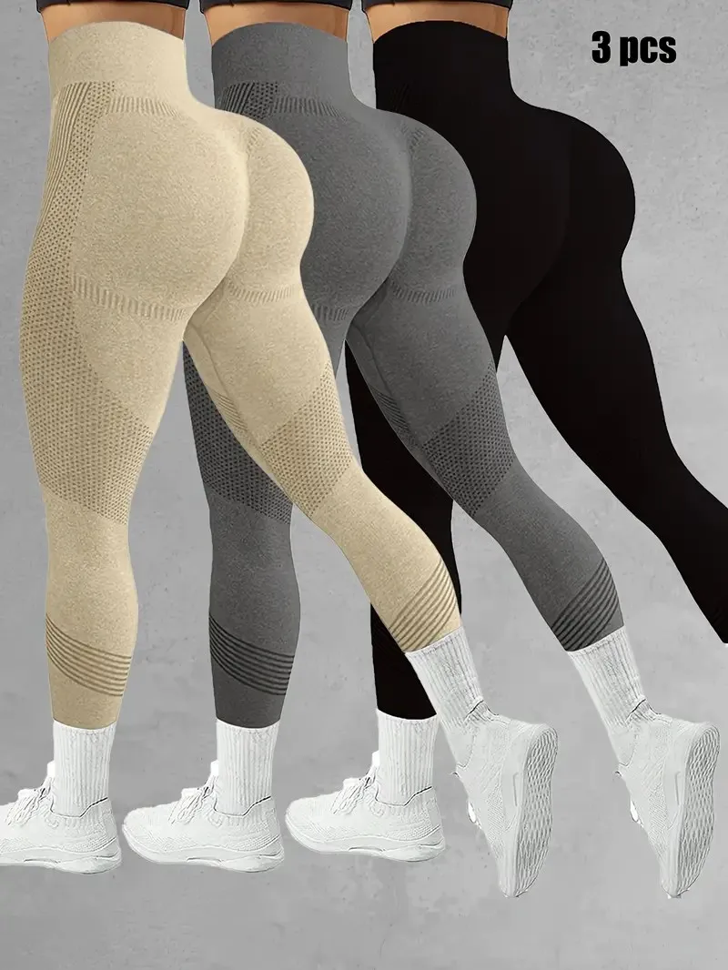 3-Pack Women\'s High-Waist Yoga Pants Stretch Striped Knit Fabric Skinny Fit Elastic Waistband Breathable Sports