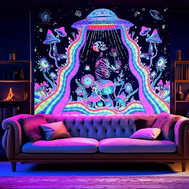 VIKAMA UV Reactive UFO Skeleton Tapestry, Blacklight Trippy Mushroom & Alien Ship Wall Hanging for Psychedelic Room