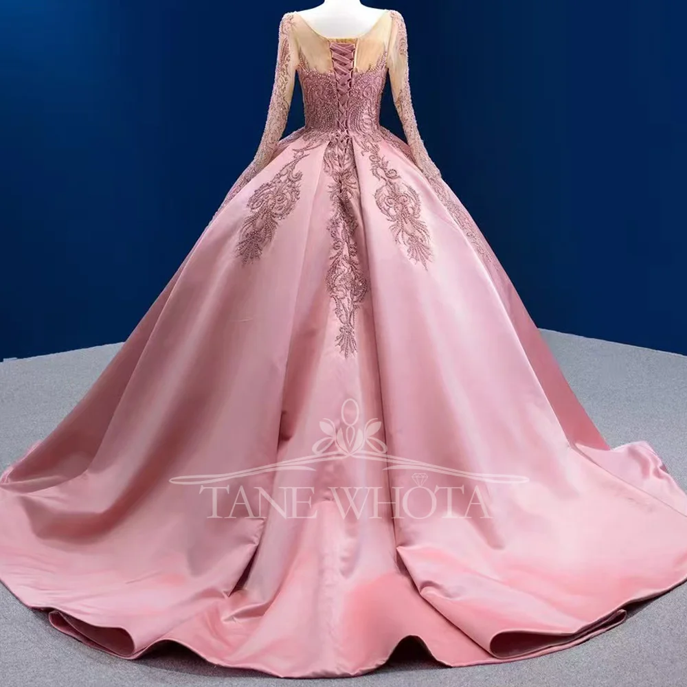 Pink O-Neck Long Sleeve Crystal Beaded Lace Up Back Prom Gown Customizable Luxury Evening Dress With Embroidery