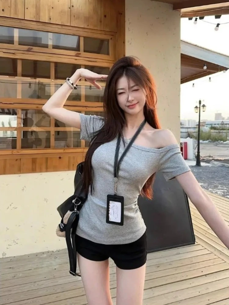

Mia Girl Cotton Women's Clothing T-shirt Short Hot Chick Commuting Off Shoulder Summer Slim Thin Korean Solid Color Tops Gray