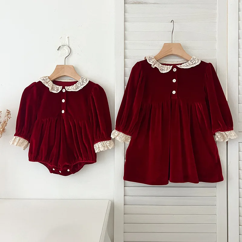 Kid Girl Two Style Dress Elegant Burgundy Velvet Outfits Lace Peter Pan Collars Lace Trimmed Cuffs Children Skirt Baby Romper