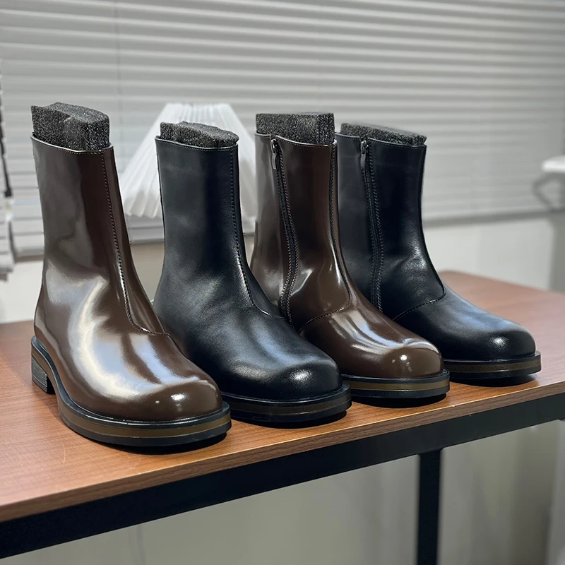 

Men's Chelsea Boots Genuine Leather Breathable round Toe High Top oes Mid-Cut Thi Bot Heightening Boots Zipper ...