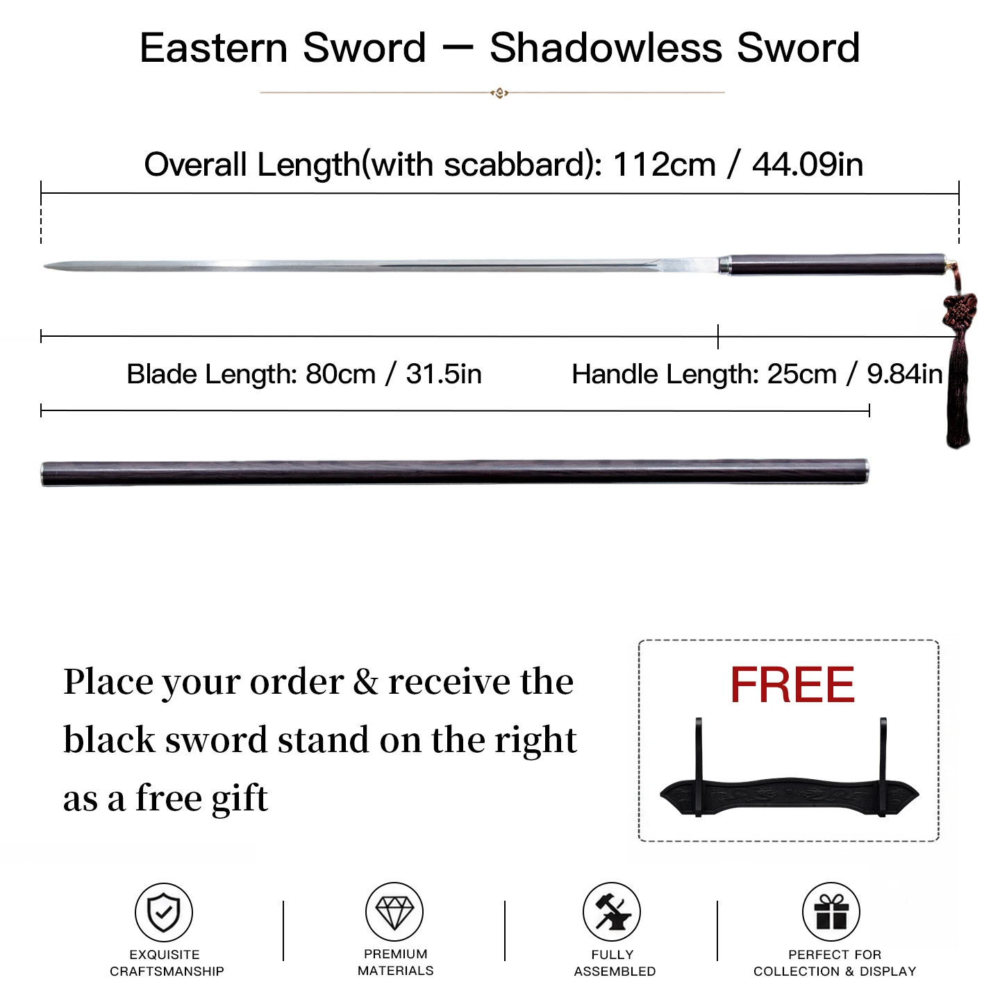 Eastern Shadowless Hidden Stick Sword Manganese Steel Ultra Slim Straight Blade Tube Scabbard Chinese Knot Tassel Free Stand