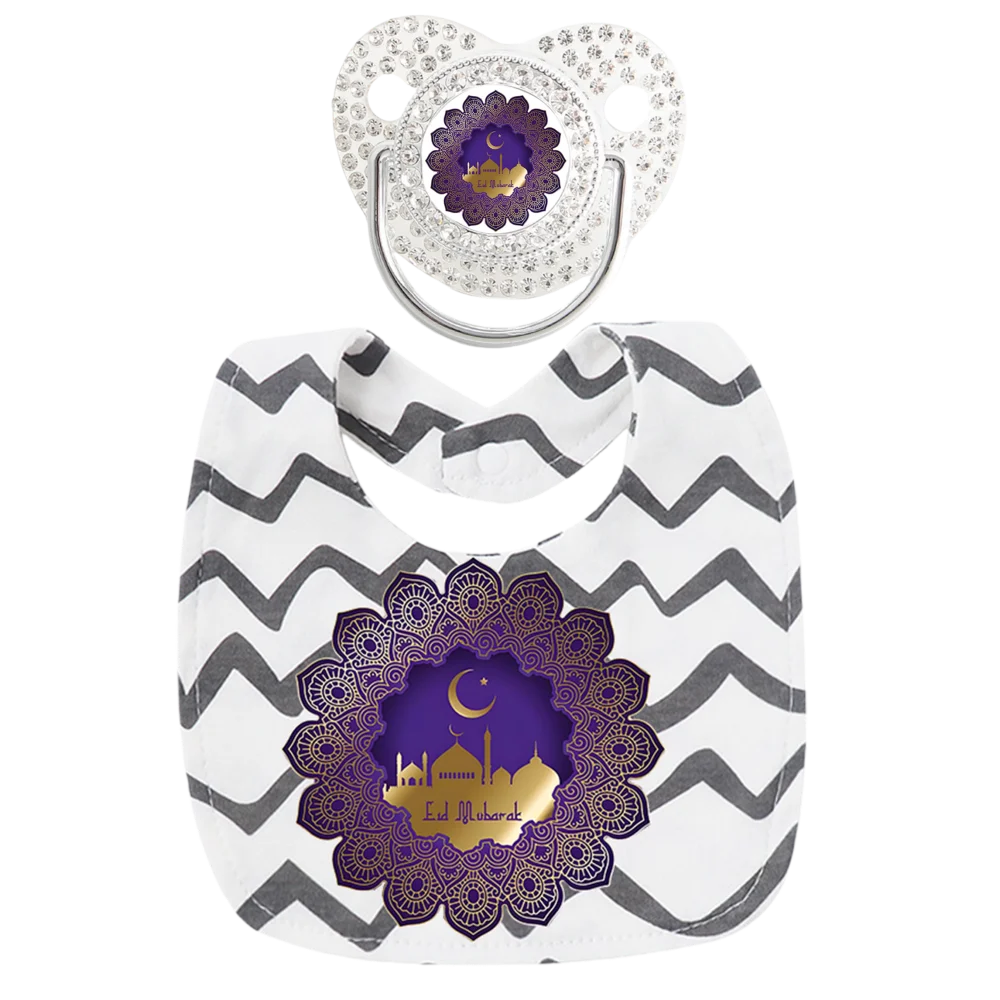 Muslim Printed Pacifier for Newborn with Toddler Bib 2Pcs Set Islamic Arabic Pattern Reusable Soother Dummy Orthodontic Unisex