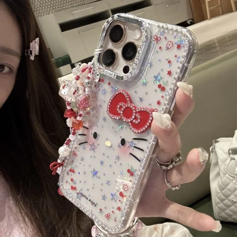 

Чехол для телефона Hello Kitty с мерцающей пудрой/блестящими звездами Flash Diamond Frame для iPhone 16, 15, 14 Pro, 13, 12, 11 Pro Max, мягкий чехол