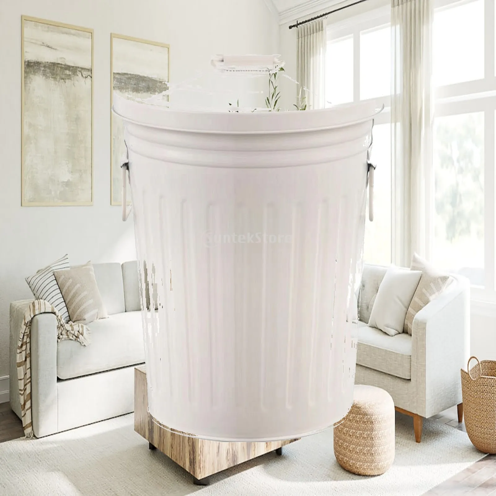 Metal Trash Can with Lid Recyclable Trash Can with Lid Ribbed Metal Bin Compact Portable for Outdoor, Park