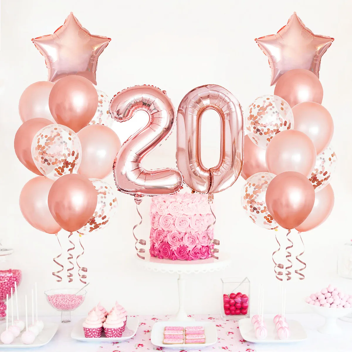 25pcs Rose Gold Mixed Balloons 20th Birthday Party Decorations 20 Years Old Woman Birthday Decor