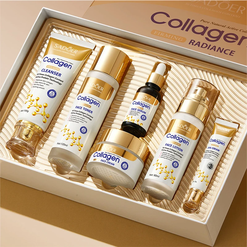 

Набор для ухода за кожей с коллагеном, 6 предметов: очищающее средство для лица, тоник, сыворотка, крем для лица, крем для глаз, отбеливающий лосьон, увлажняющий комплект