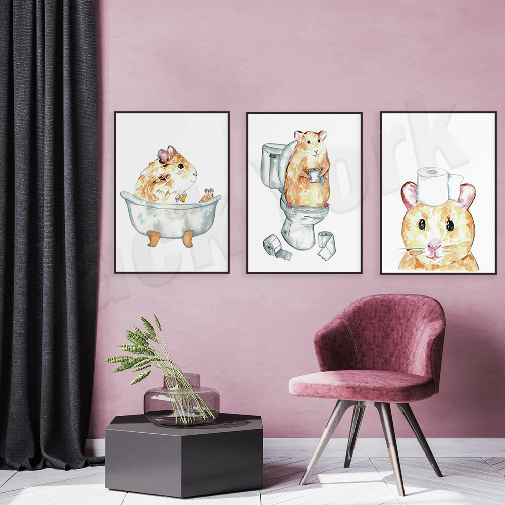Hamster toilet wall painting watercolor art print, hamster pet painting fun bathroom bathtub toilet, toilet decoration