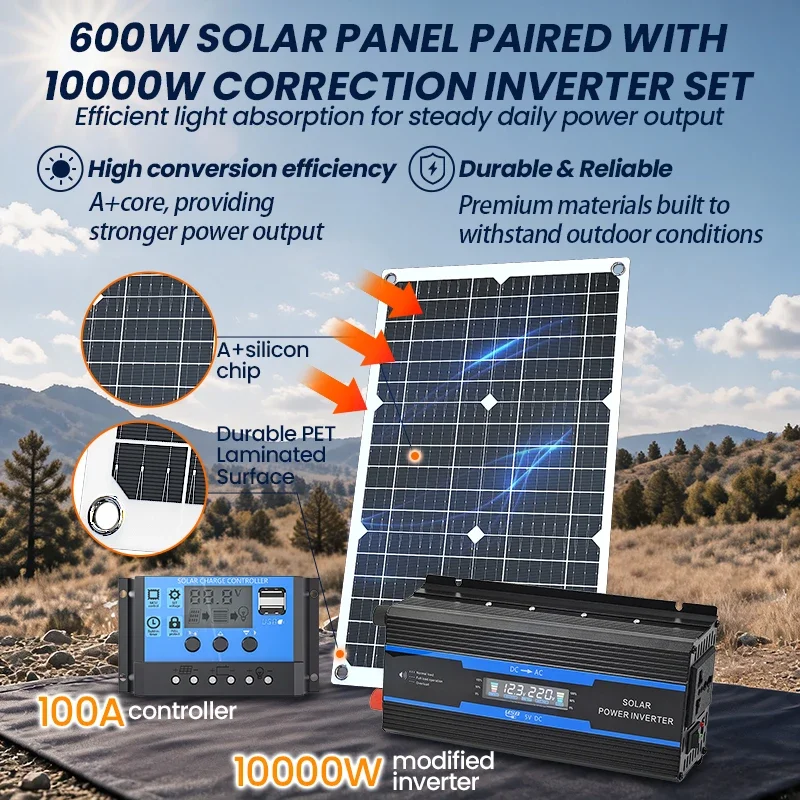 600W flexible solar panel kit, including 10000W inverter+100A controller, DC 12V to AC 220V off grid solar power system