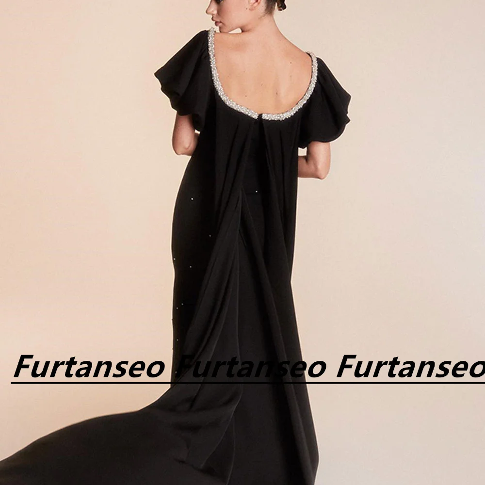 Vestido de baile preto acetinado para mulheres, manga curta com contas de cristal, sereia, ocasião formal