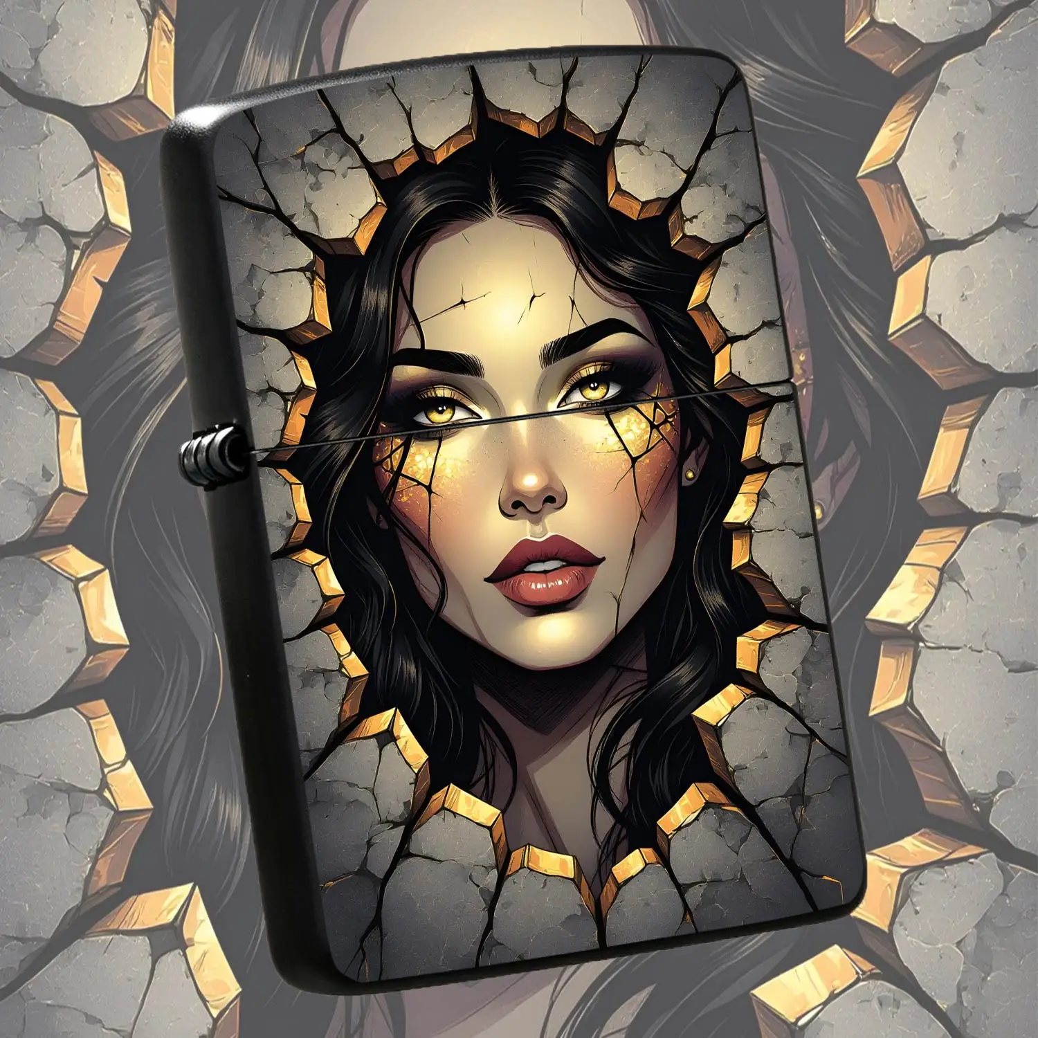 Stylish Kintsugi Cracked Goddess Art Lighter, Exquisite Golden Glowing Eye Figure Design, Portable Trendy Daily Use Igniter, Unique Decorative Collectible, Ideal For Gifting Friends, Dating, Home Decor, All Occasion Creative Practical Acces