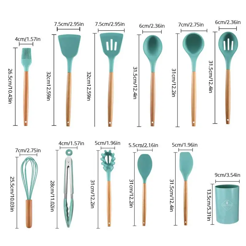 12Pcs/Set Wooden Handle Silicone Kitchen Utensils With Storage Bucket High Temperature Resistant And Non Stick Pot Spatula Spoon images - 6