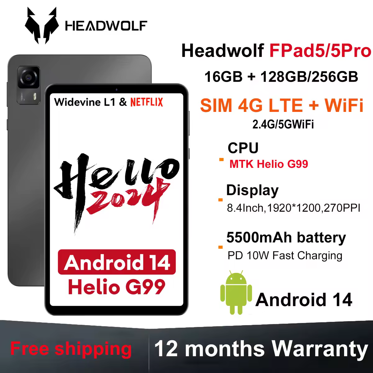 HEADWOLF FPad5/Pro טאבלט אנדרואיד 14 8.4 אינץ' מקסימום 16GB RAM 128GB/256GB UFS2.1 אוקטא-קור G99 Tablet PC 5500 mAh WideVine L1