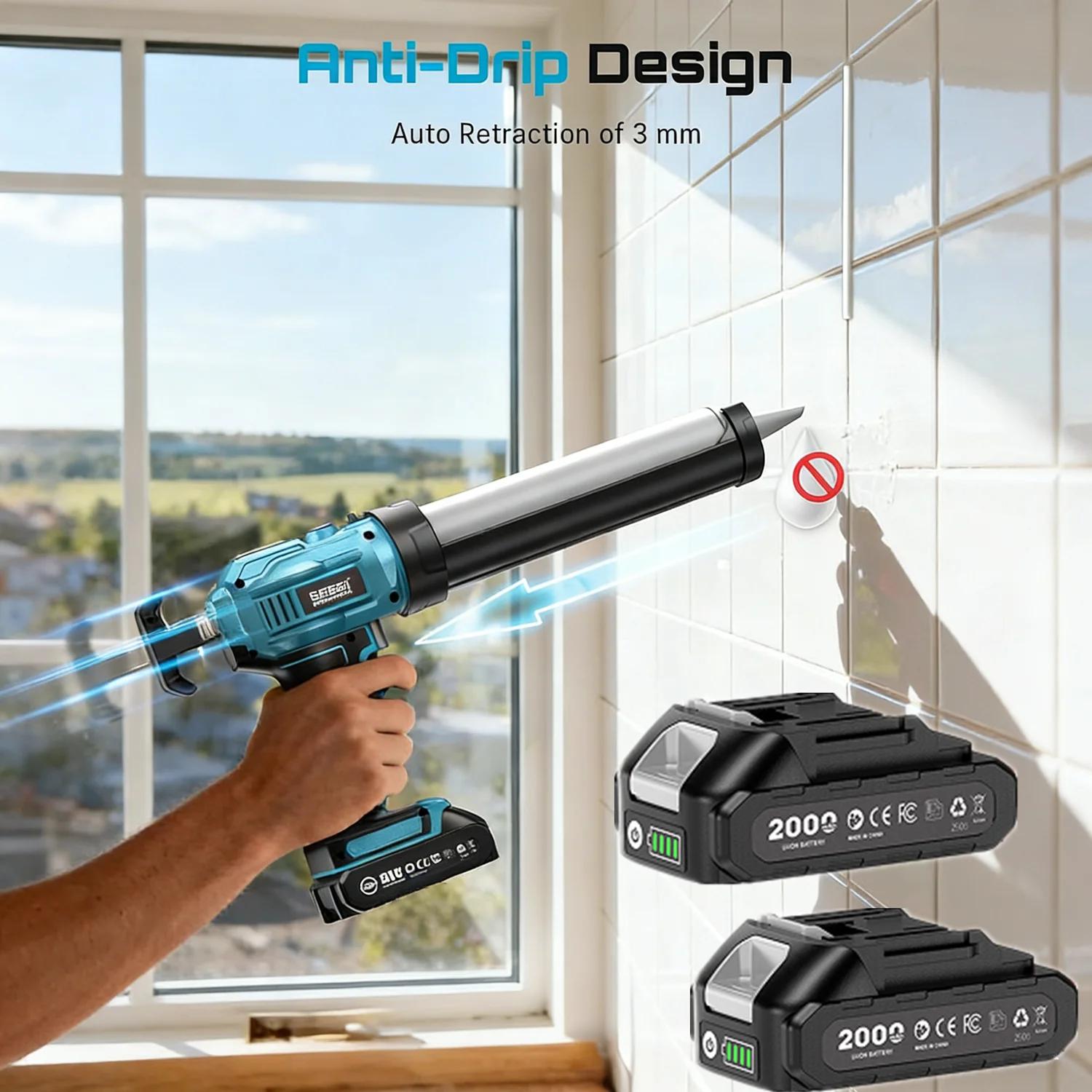 SEESII Electric Caulk Adhesive Gun 2.0Ah Li-Battery & Charger Cordless Caulking Gun With LED Light 4 Adjustable Speeds NO Drop Electric Sewing Glue Tool for Filling