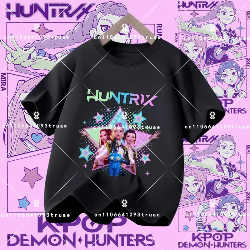 Cotton short-sleeved K-pop Demon Hunter girl cute sports shirt for children aged 1-12. Summer T-shirt. Casual top. Cartoon print