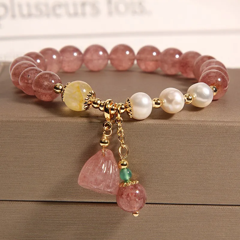 

Natural Strawberry Quartz Lotus Seedpod Pendant Bracelet for Women Pink Crystal Beaded Bracelet Gifts