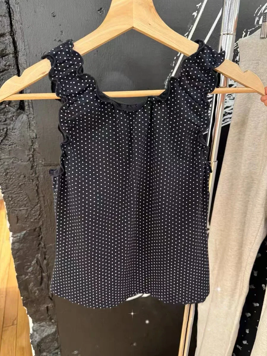 Women New Polka Dot Bow Black Tank Tops Summer Sexy V Neck Cotton Sleeveless Cropped Vests Vintage Sweet Ruffles Slim Crop Top