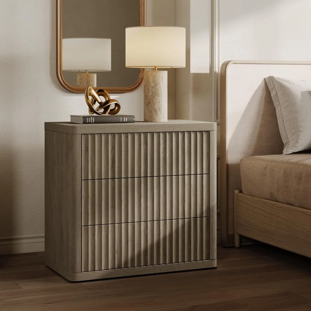 

Night Stand Set 2 - Oversized Extra Large Bedside Table Modern Side Table with Storage Fluted 3 Drawer Nightstand