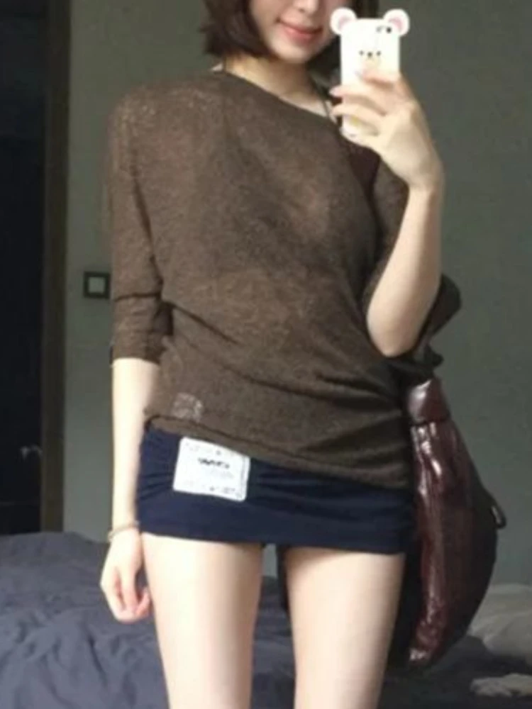 Retro Hot Girl Slanted Shoulder Solid Sets Bat Sleeve Tops + Mini Hip Skirt Suit See Through Knitted Y2k High Waist 2-piece Set
