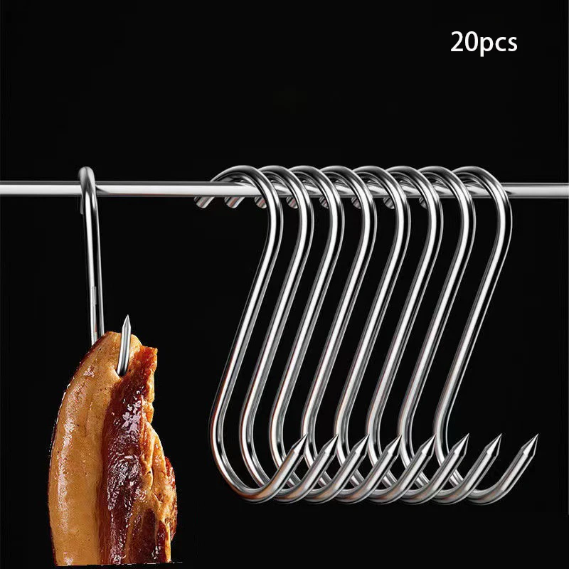 Stainless Steel Hanging Hooks, Sharp, Solid, Thick, S Hook for Bacon Sausage Meat, BBQ Grill, Kitchen Utensils, 20Pcs