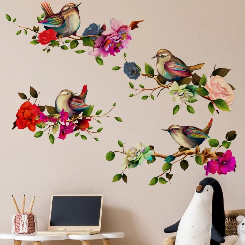 1pc Art Bird & Floral Pattern Self-adhesive Wallpaper Sticker Birds Standing On Branches Flower Decorating Wall Sticker For Home