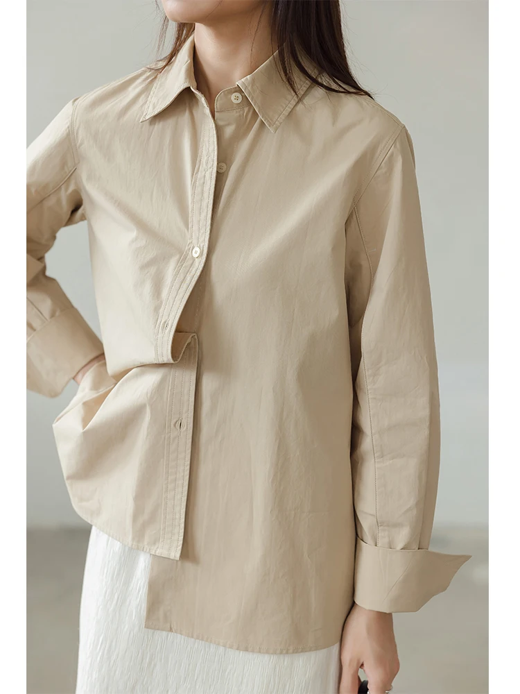 

Original Khaki Cotton Long Sve Women's irt Design Sensation Small Size Top Pure Cotton Spring Faion Commute Sle