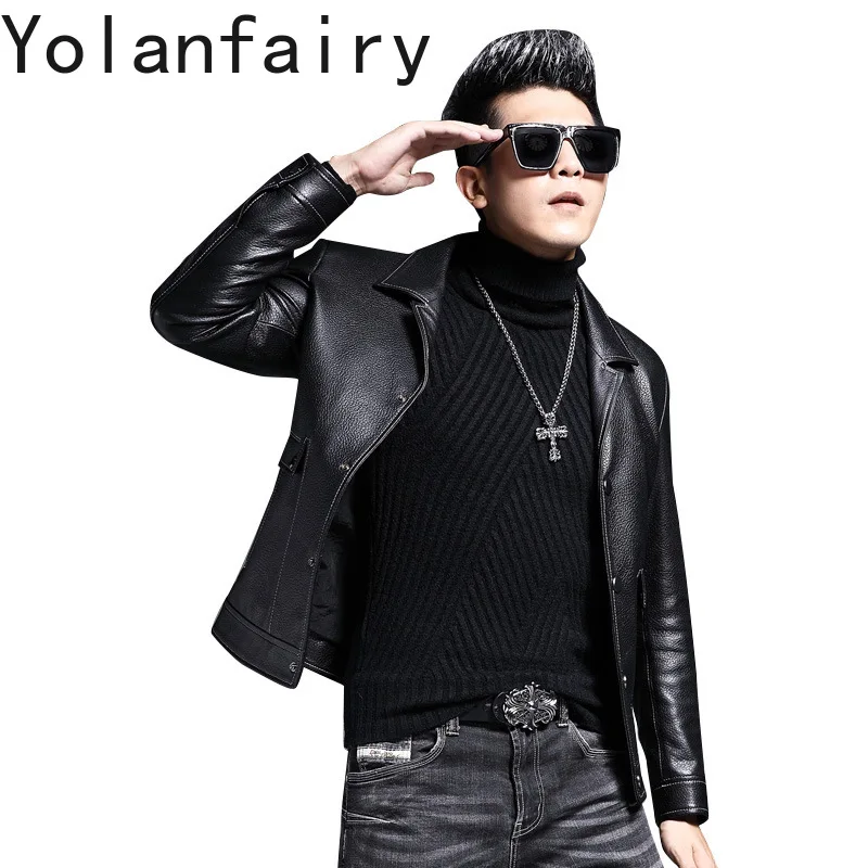 YOLANFARIY Real Sheepskin Men Leather Jacket Spring Winter Coats Motorcycle Jackets Mens Clothing Short Style 2024 Jaqueta Couro