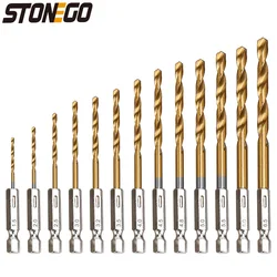 STONEGO-티타늄 코팅 고속 스틸 드릴 비트 세트-13 개, 육각 생크, 1.5mm-6.5mm, 목재, 플라스틱 및 알루미늄 용