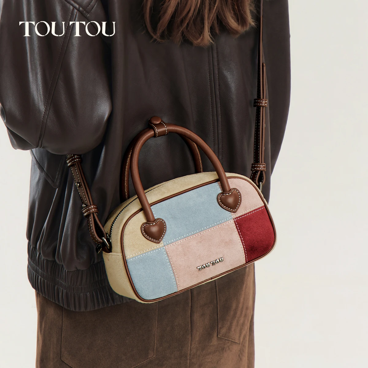 TOUTOU Cute Patchwork Faux Suede Mousse Bag, Heart Charm Top Handle Handbag with Adjustable Crossbody Strap for Women