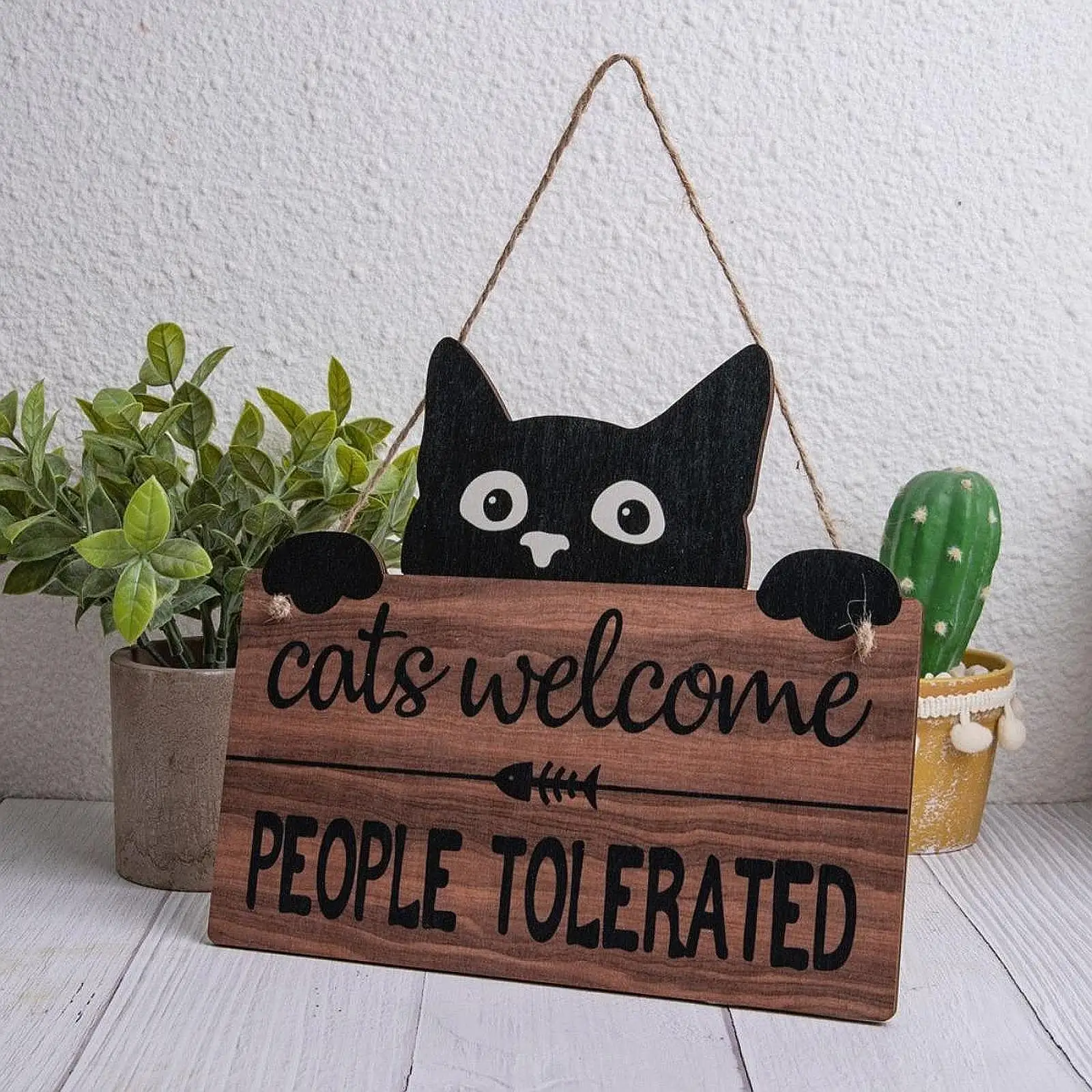 Cat People Tolerated Hanging Sign Kitten Wooden Plaque for Décor Home Catio