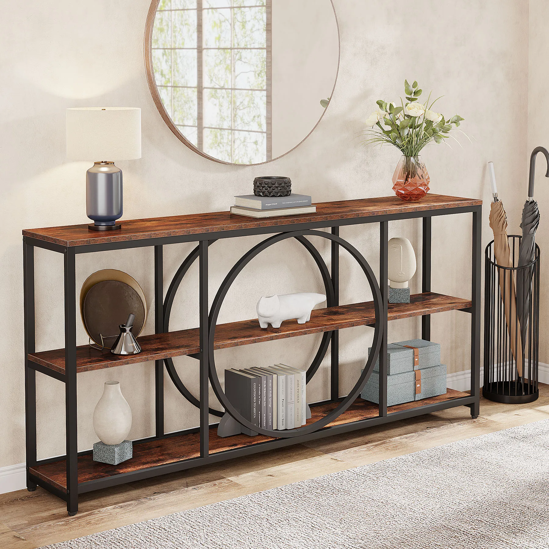 # Industrial 71 Inch Extra Long Console Table 3 Tier Display Shelves For Narrow Hallway Living Room
