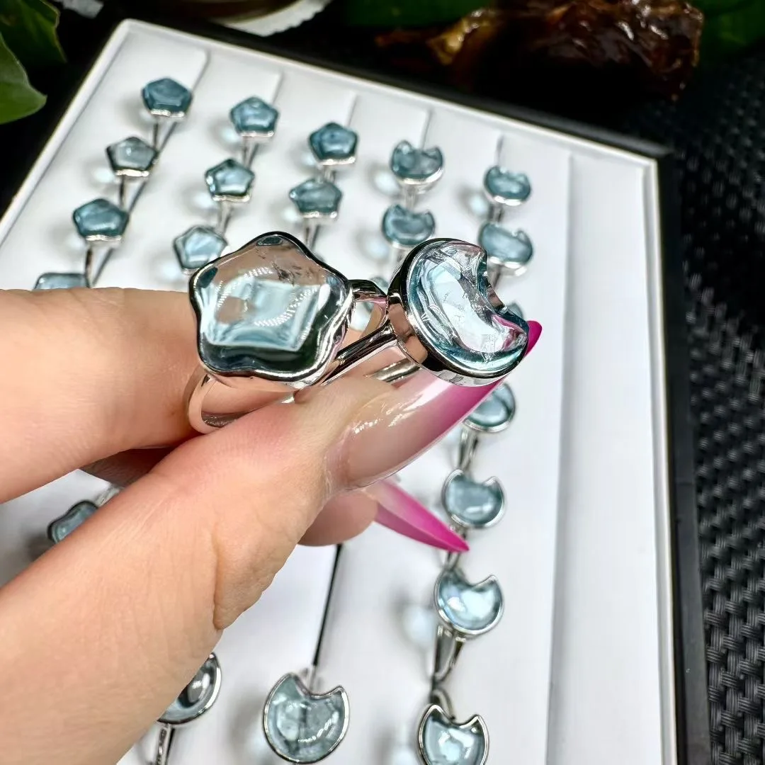 

1 Pc Fengbaowu Natural Blue Topaz Star Ring Blue Topaz Moon Ring 11-12MM 925 Sterling Silver Reiki Healing Stone Jewelry Gift