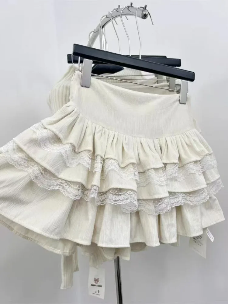 Summer French Elegant Patchwork Mini Skirt Sweet Girl Velvet Lace Edge Stitched Bud Skirt Women Fashion Design Sense Bow Skirts