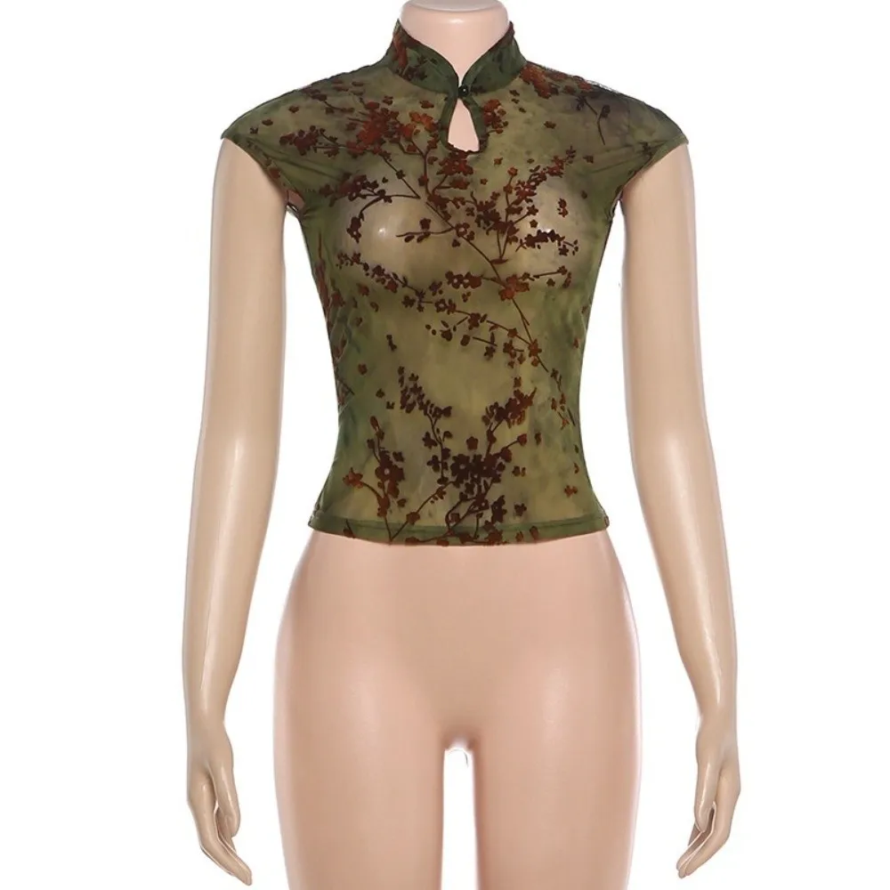 Sleeveless Women See Through Tank Top Stretch Fabric Stand Collar Plum Blossom Print Top Jacquard Patchwork Skinny Fit