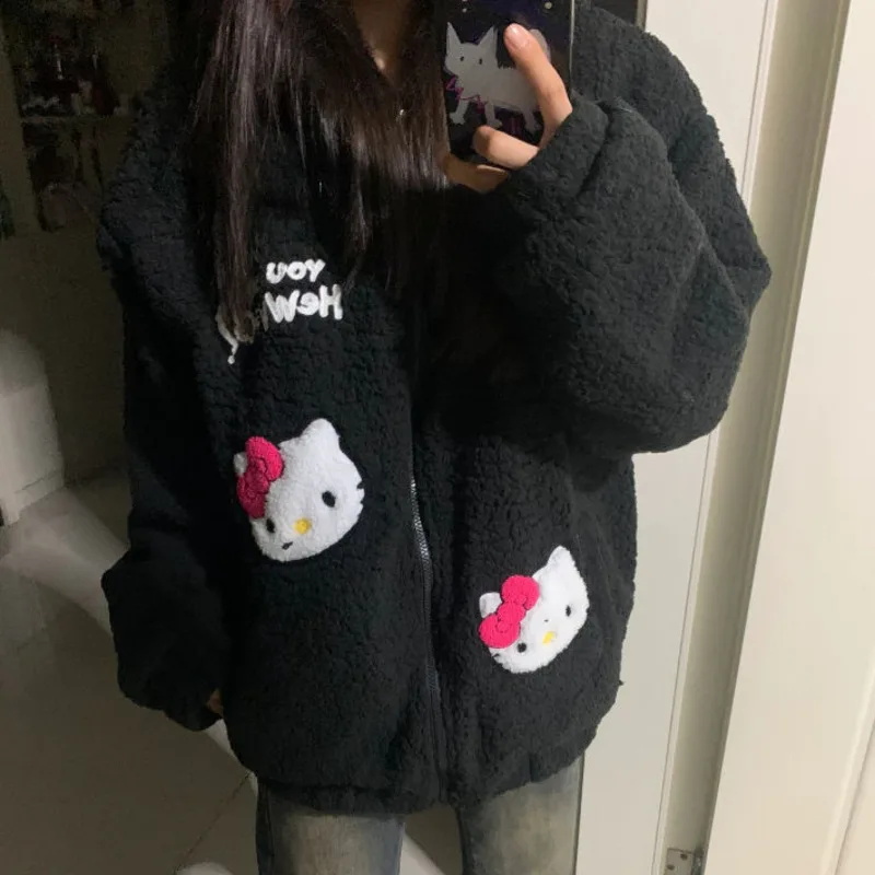 Cute Embroidered Hello Kitty Zipper Coat for Women Y2k Autumn and Winter Faux-cashmere Hooded Jacket Cardigan with Thick Fleece