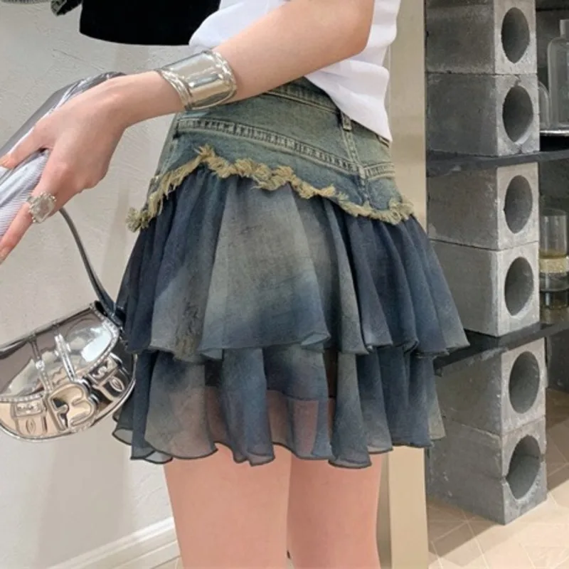 ANJY Summer New Women American Style Frayed Edge Patchwork A-Line Denim Short Skirt Trendy Fashion High Street Ins Skirts A23406