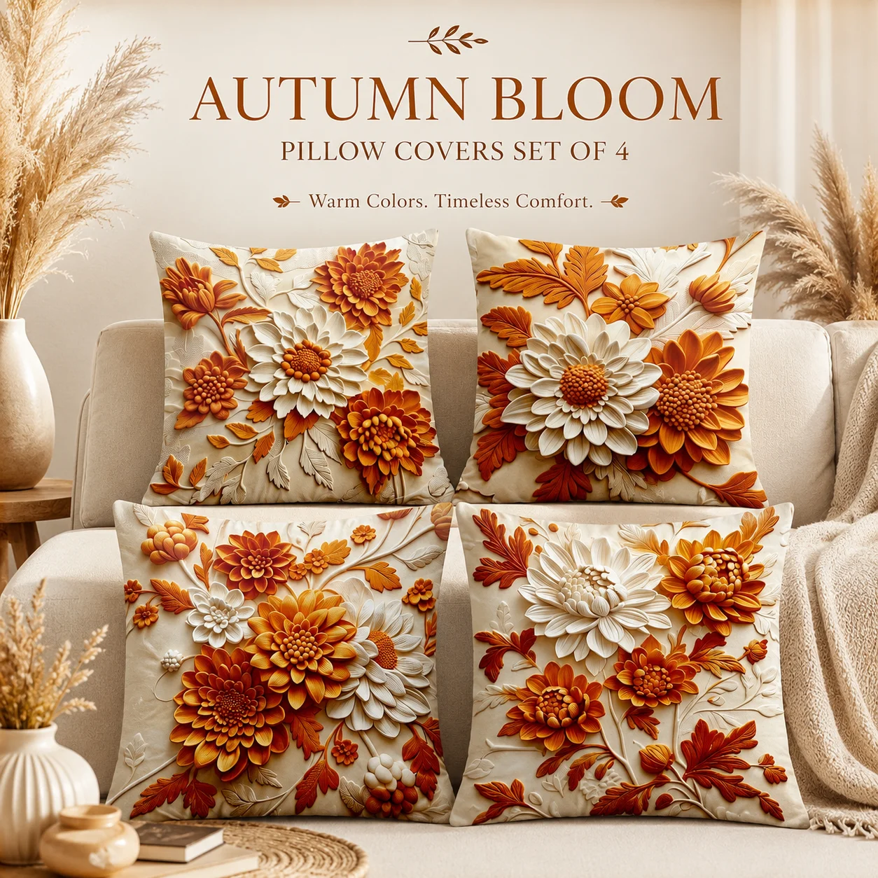 

4Pcs Autumn Bloom Cushion Covers 2D Flat Printed Peach Skin Flower Pillow Case Coussin Room Decor For Sofa Bed Fall Decor