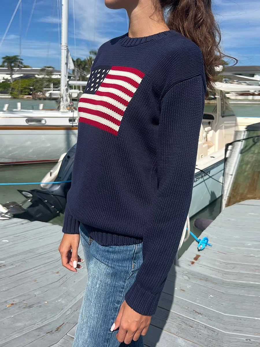 Damen lange Pullover Flagge gemustert Langarm Rundhals ausschnitt gerippt lose gestrickte Oberteile