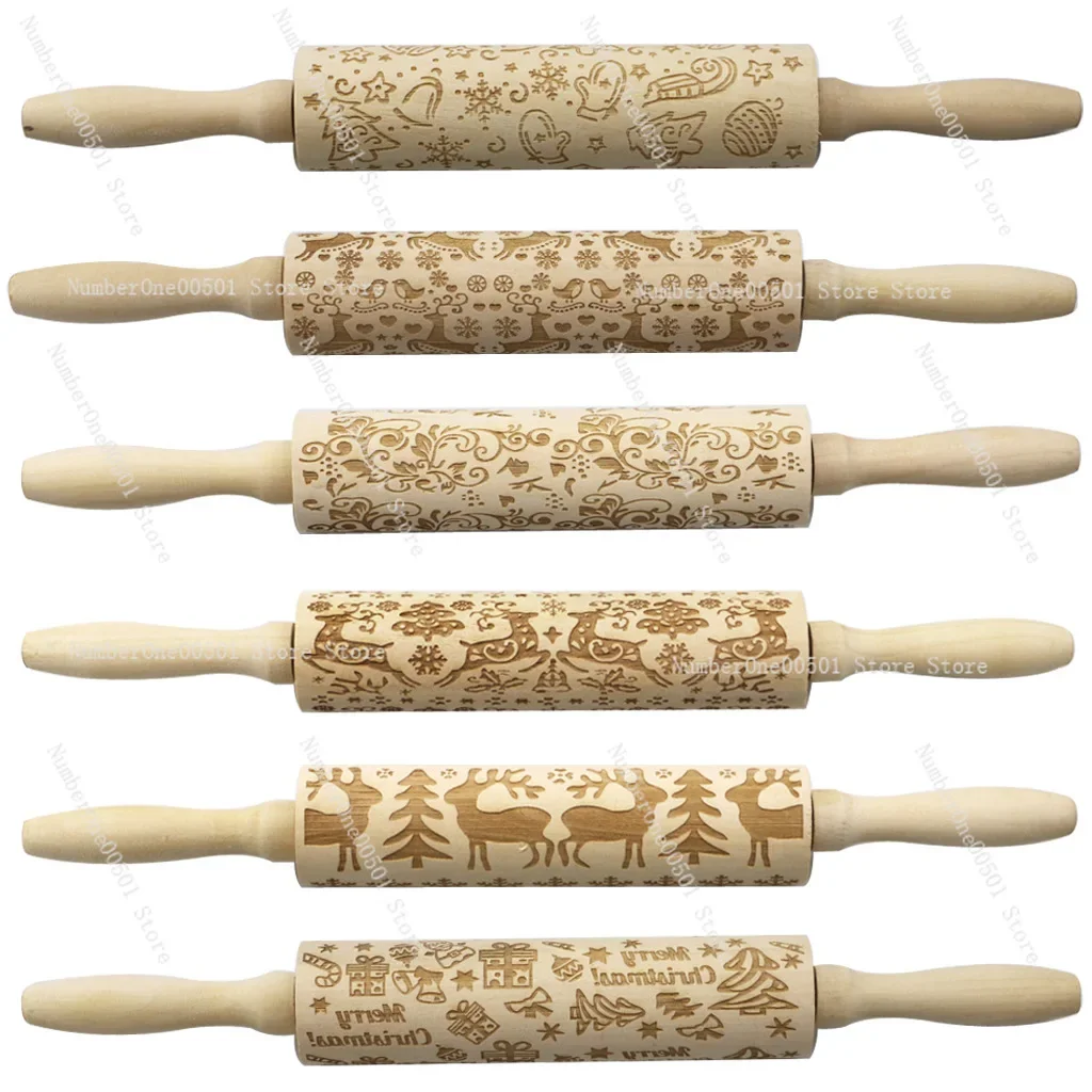 Christmas Elk Print Rolling Pin Wood Laser Engraved Embossing Roller for Cookie Dough Baking Tool