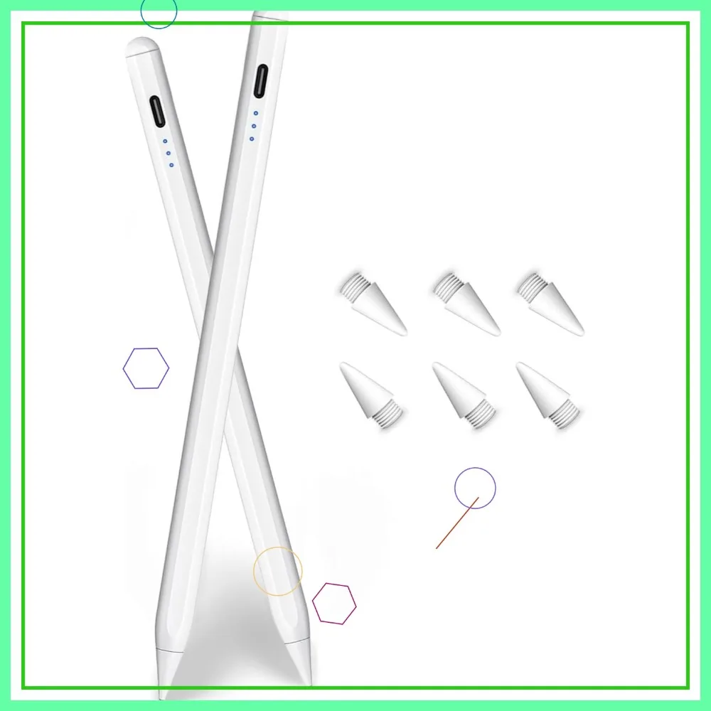 

Набор из 2 активных стилусов для iPad моделей 2018-2025, быстрая зарядка, функция предотвращения случайных касаний ладонью и чувствительность к наклону