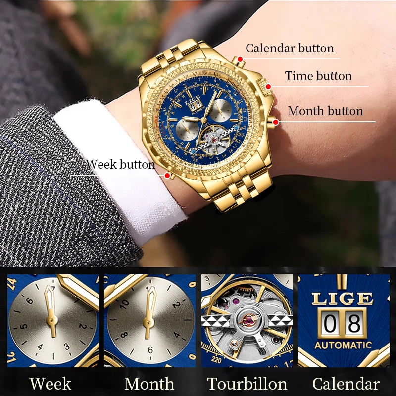 LIGE Brand Gold Watch Men Automatic Tourbillon Mechanical Watch for Men Week Date Luminous Waterproof Men\'s Watches Reloj Hombre