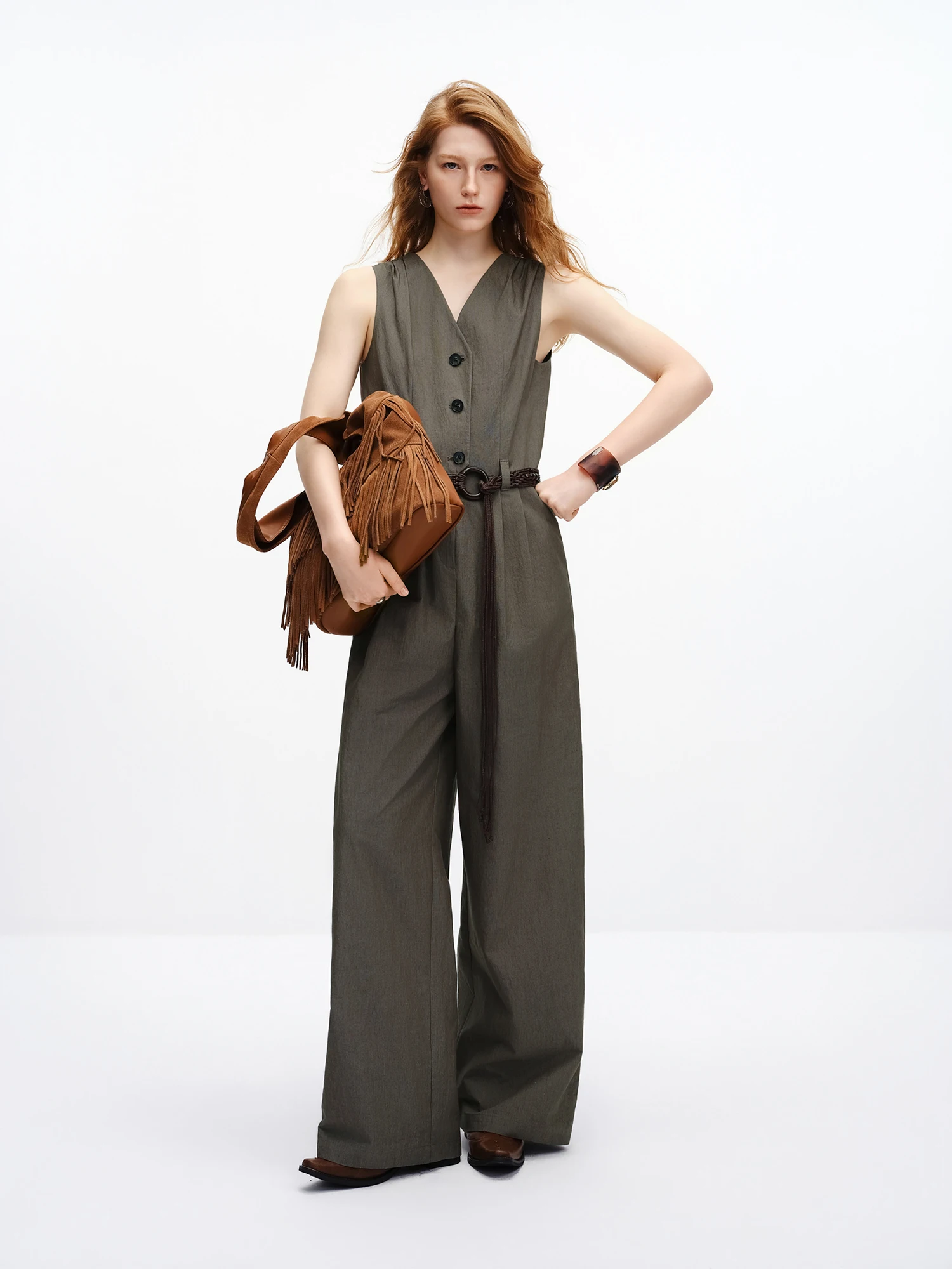 FSLE 【Premium Series】Elegant Sleeveless Jumpsuits High Waist Wide Leg Pants Pockets Cotton Office Women Gray Green with Belt