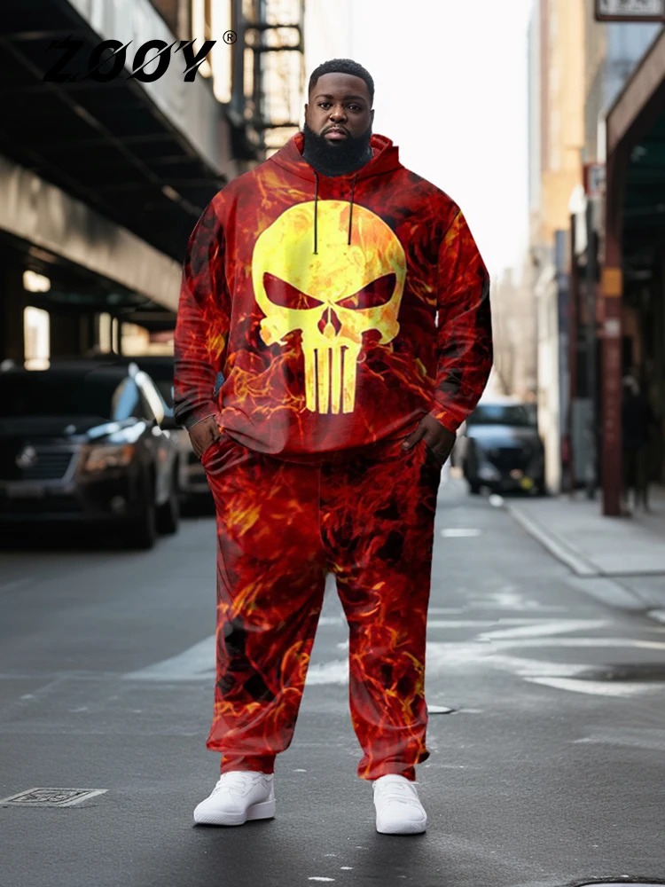 

ZOOY (L-9XL) Men's Plus Size Fun Personality Color-Blocked Skull Cartoon Street Graffiti Fashion Long Sleeve Hoodie Set