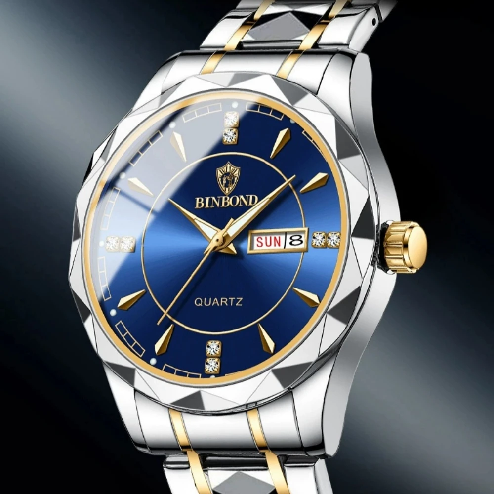 Luxury Men's Watch, Waterproof Stainless Steel Quartz Wristwatch, Round Dial with Diamond Inlay, Date and Day of the Week Display, Casual Business Men's Watch, the Best Gift for Him