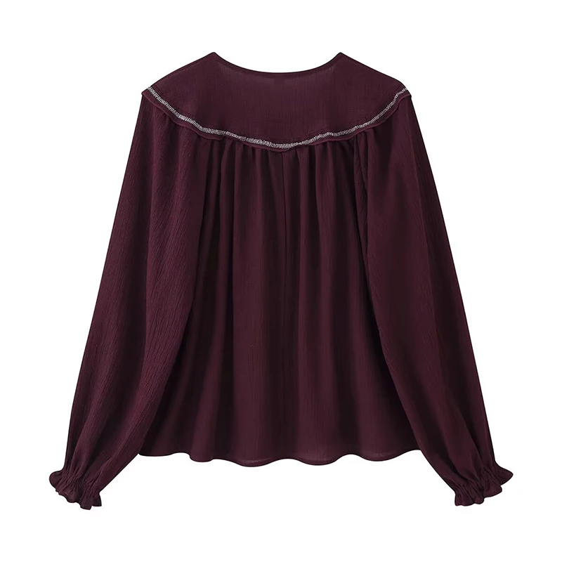 YENKYE nouvelles femmes mode perlée chemise brodée à lacets col rond à manches longues décontracté Blouse ample printemps haut d'automne