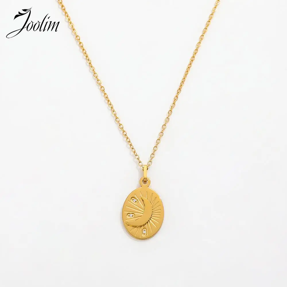 

Joolim Jewelry Wholesale Waterproof Stylish Smile Face Star Moon Zirconia Oval Pendant Stainless Steel Necklace for Women