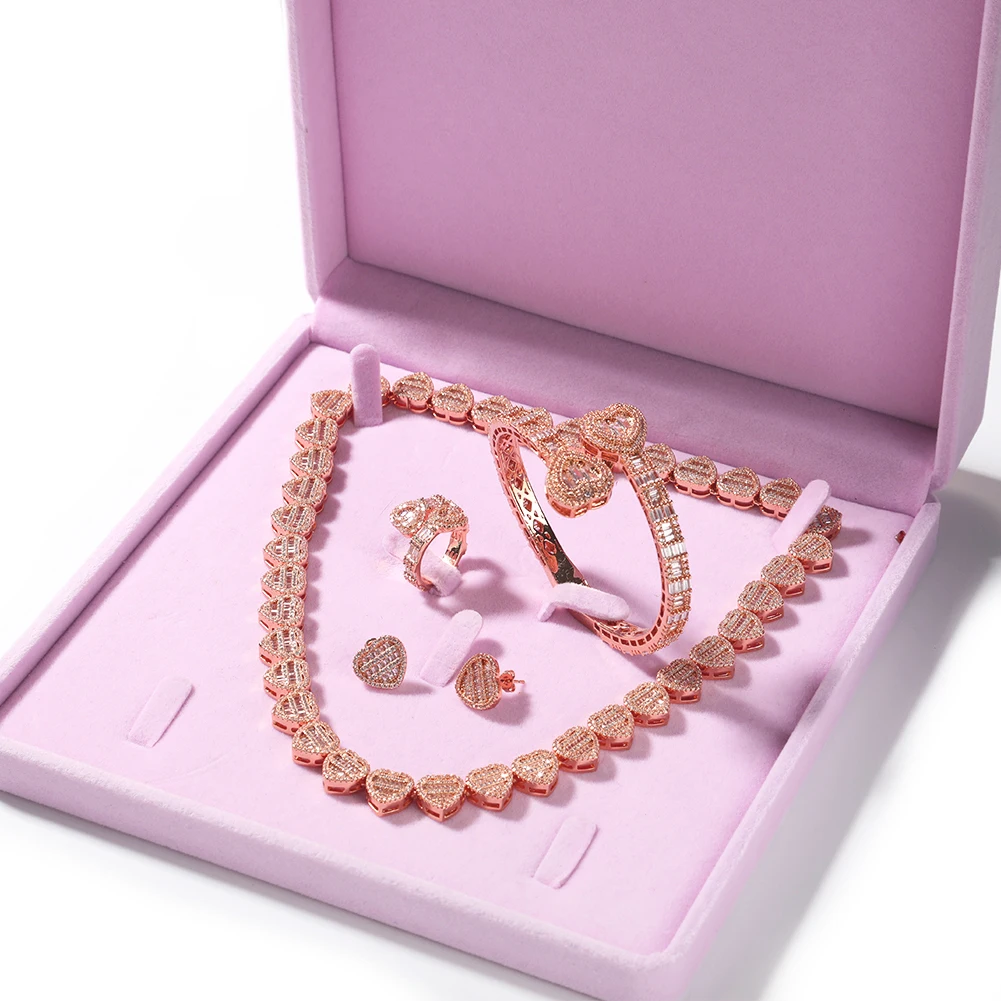 Uwin Baguettecz Heart Jewelry Set Full Iced Cubic Zirconia Love Style Collections Earring Ring Necklace Jewelry Set